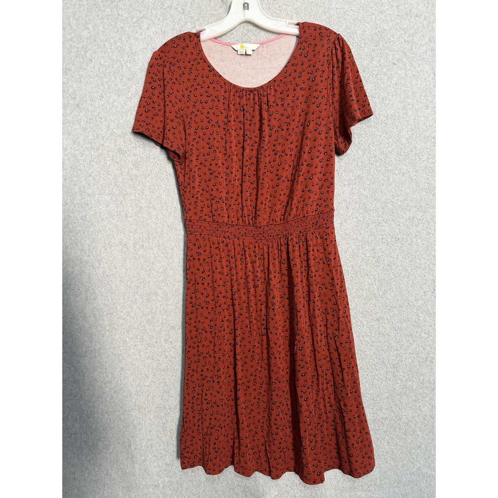 Boden Dress Womens 6P Orange Floral Smocked Waist Jersey Fit & Flare Knee Length